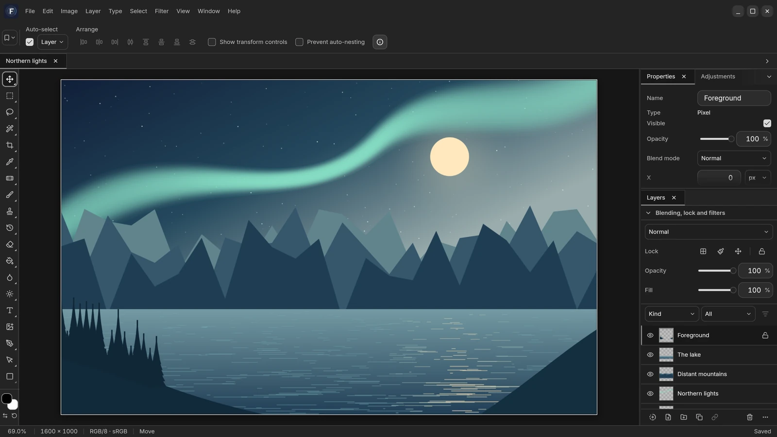 Focale showing an aurora scene, the tool rail and the layers panel. — Dark