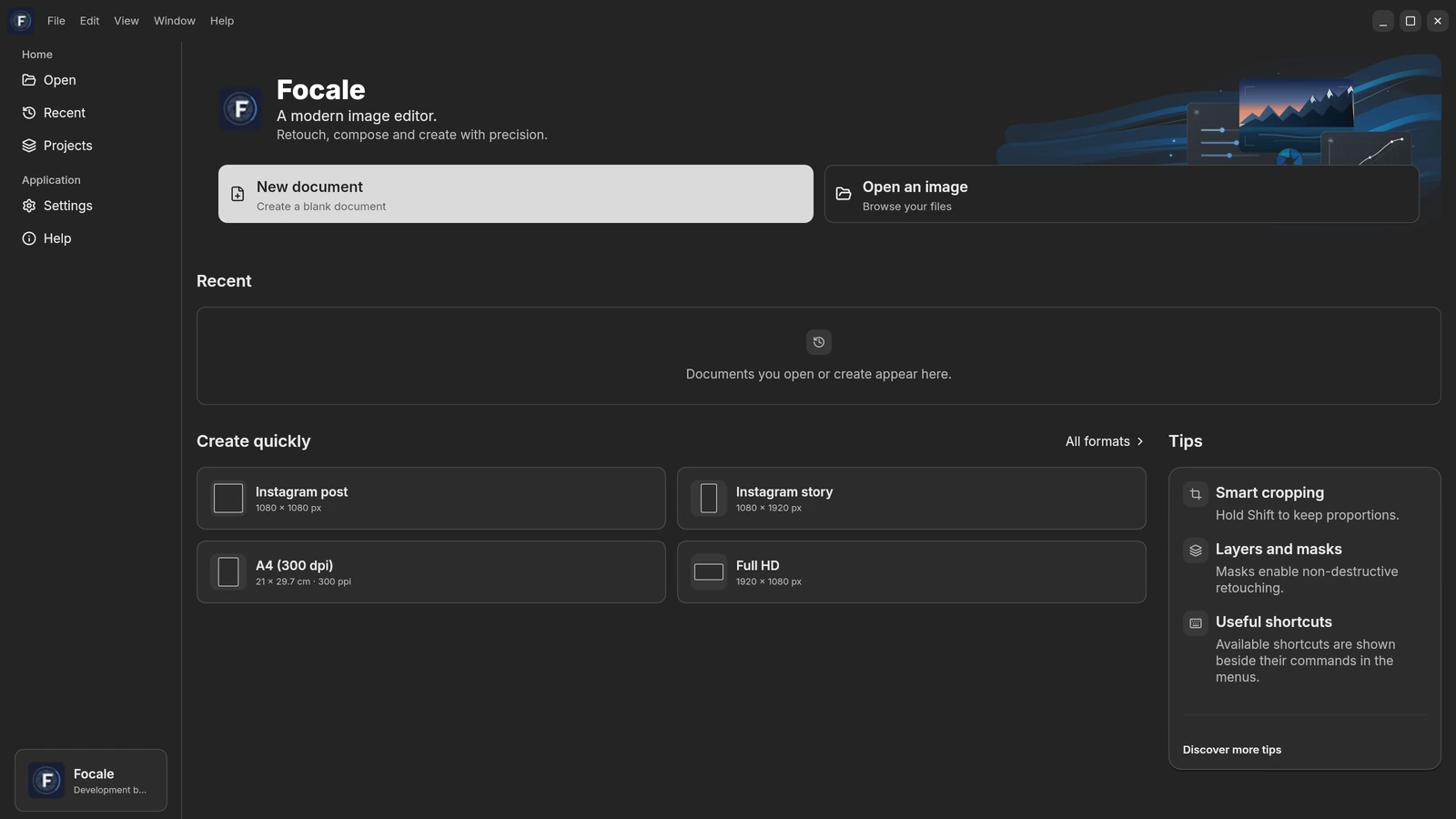 Focale home screen with document creation, file opening and recent documents. — Dark