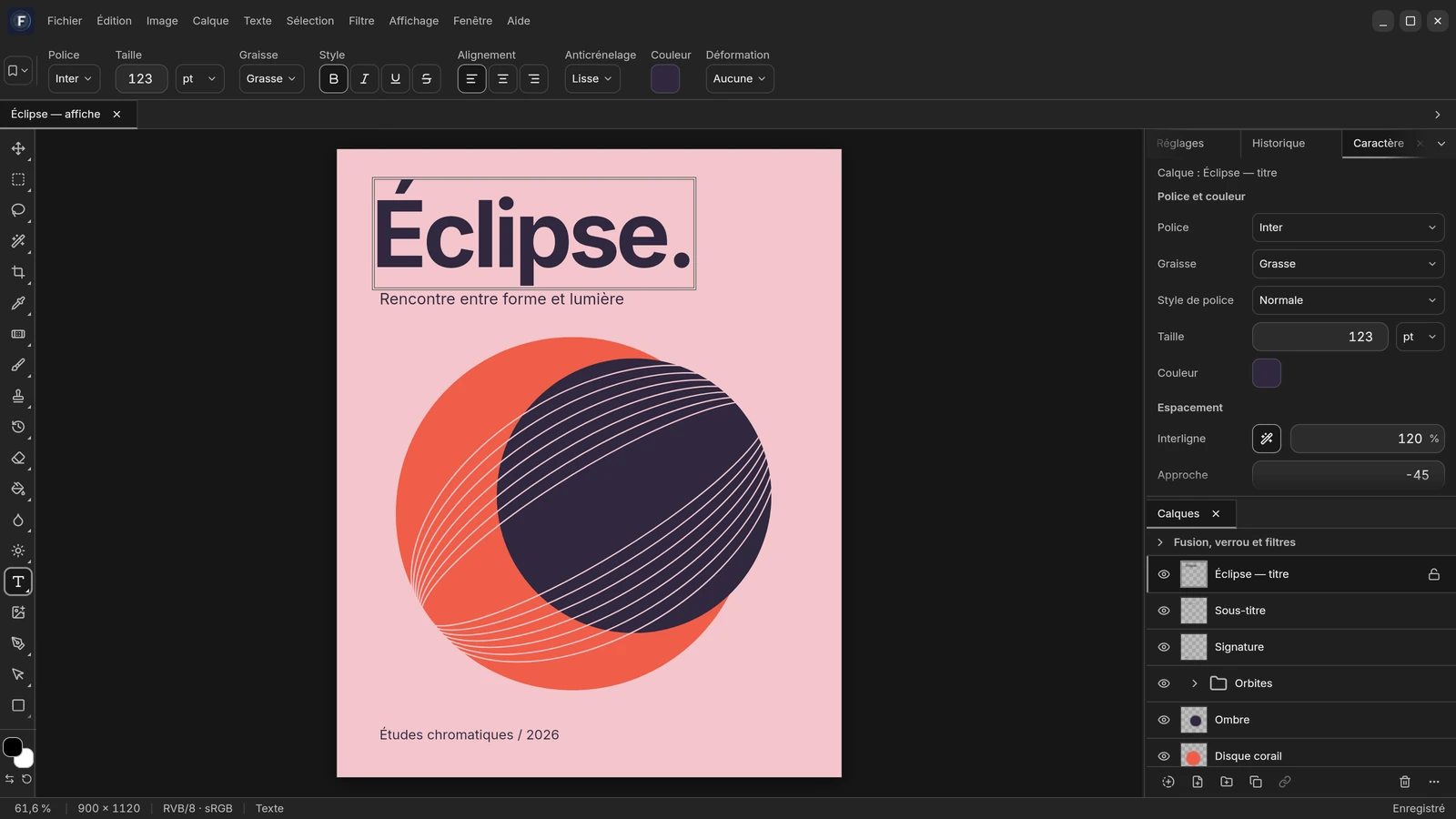 Affiche Éclipse dans Focale avec calques de texte, formes et panneau de typographie. — Sombre